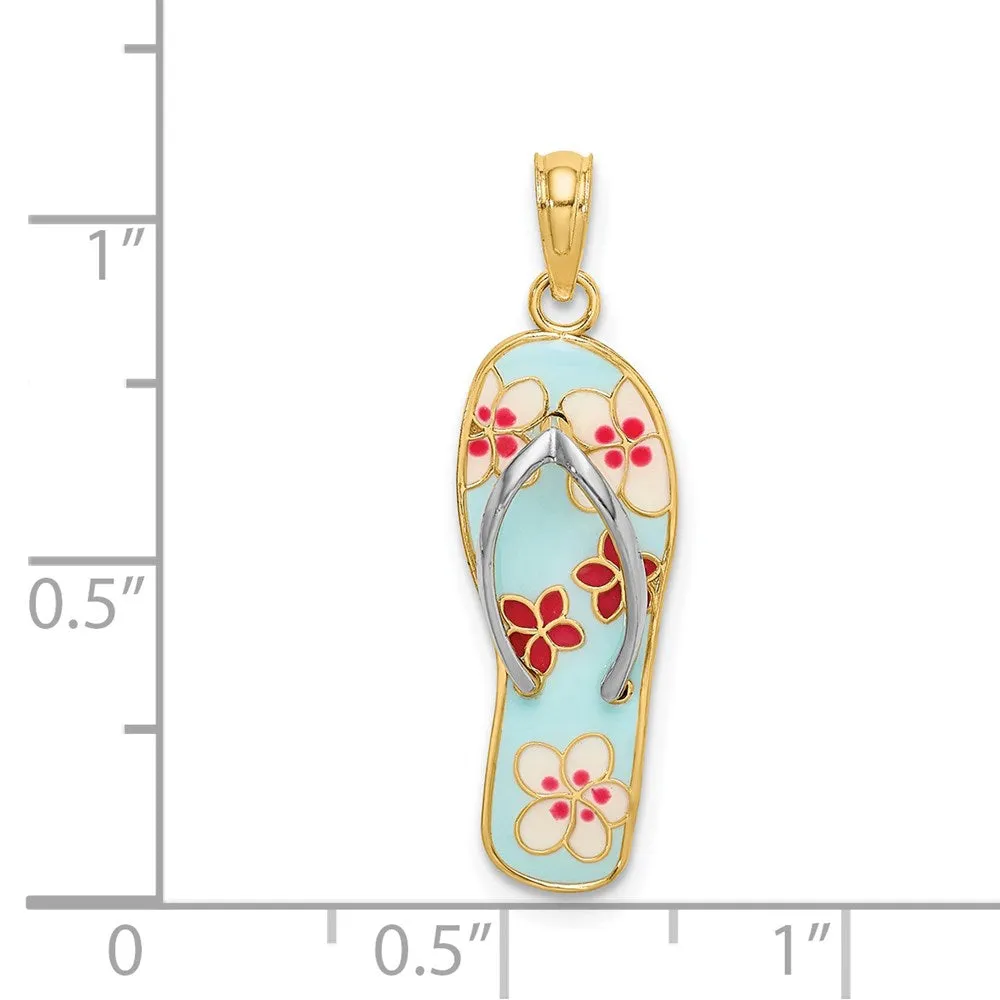 14K 3D Enamel Fuschia and White Flowers On Aqua Flip-Flop Charm