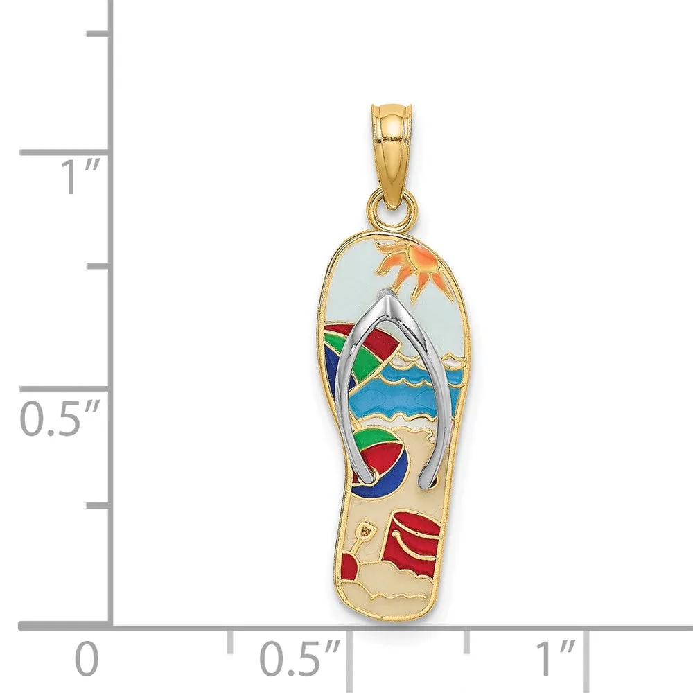 14k Yellow Gold & Rhodium w/Rhodium Multi-Colored 3D Enamel Beach Scene On Flip-Flop Charm