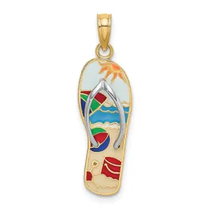 14k Yellow Gold & Rhodium w/Rhodium Multi-Colored 3D Enamel Beach Scene On Flip-Flop Charm