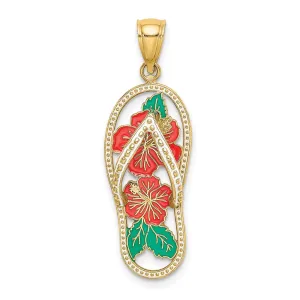 14k Yellow Gold Enamel Red Hibiscus Flower Flip-Flop Charm