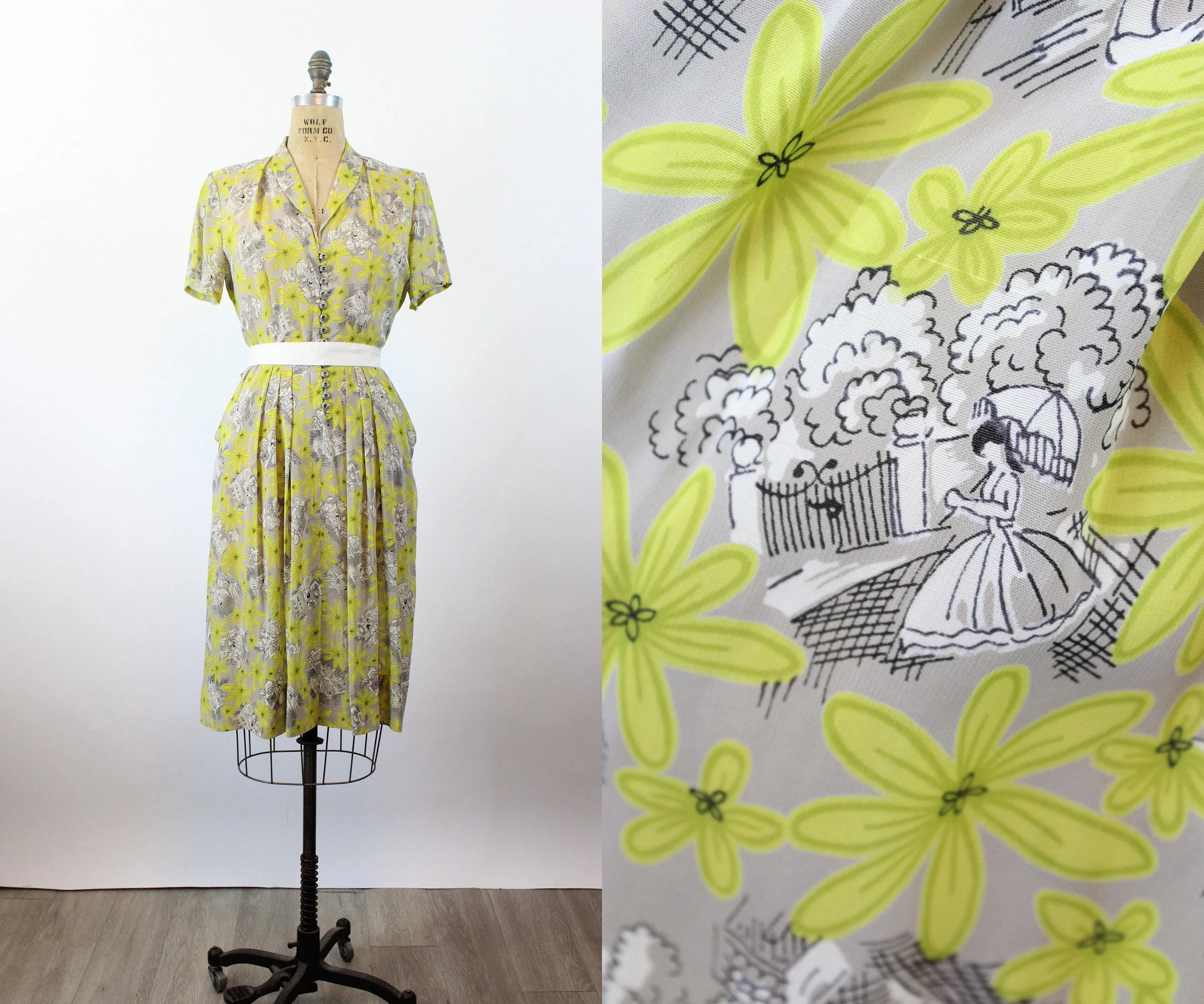 1940s BALLERINA rayon novelty print dress medium | new spring summer