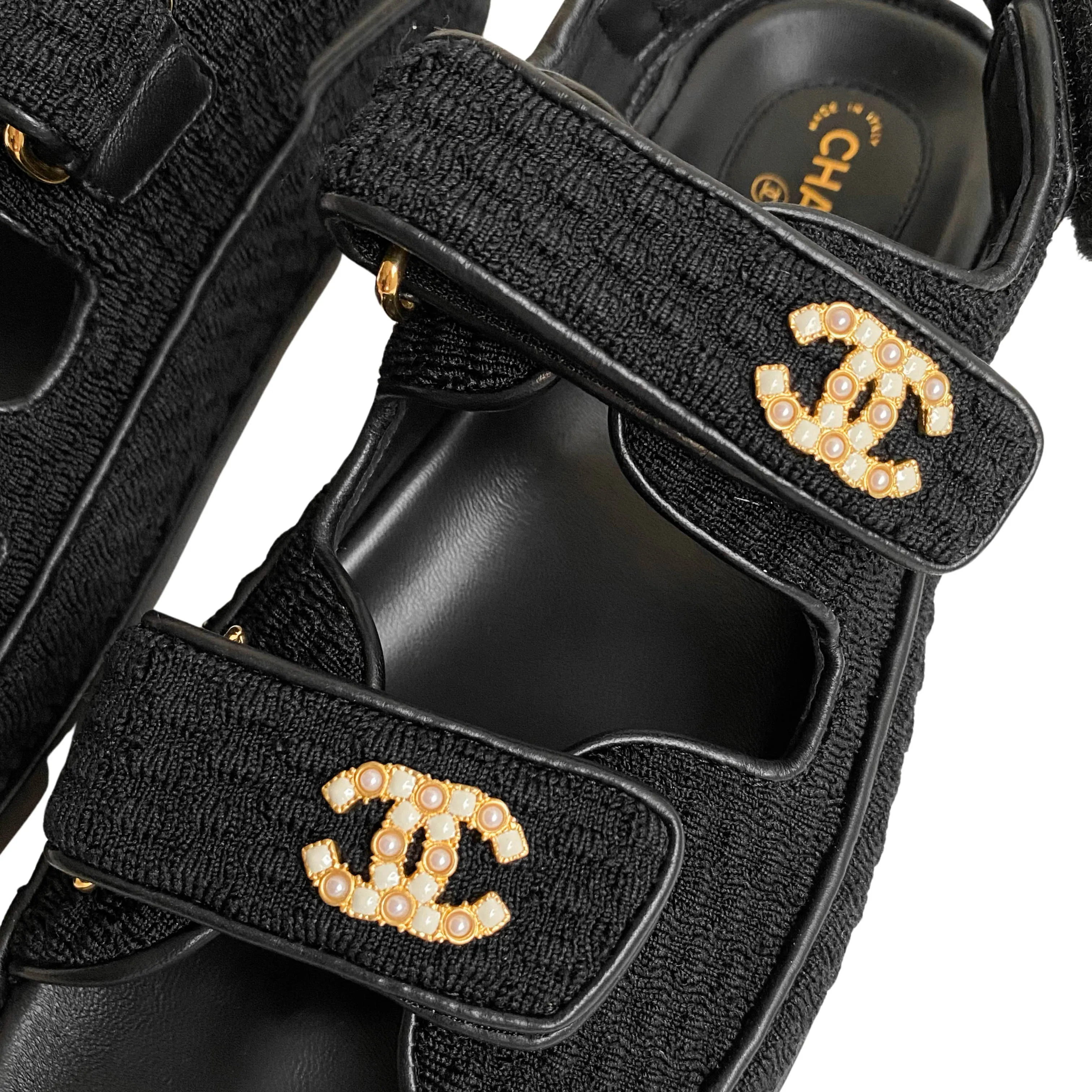 22S Black Tweed Pearl CC 'Dad' Velcro Sandals Sz 35.5