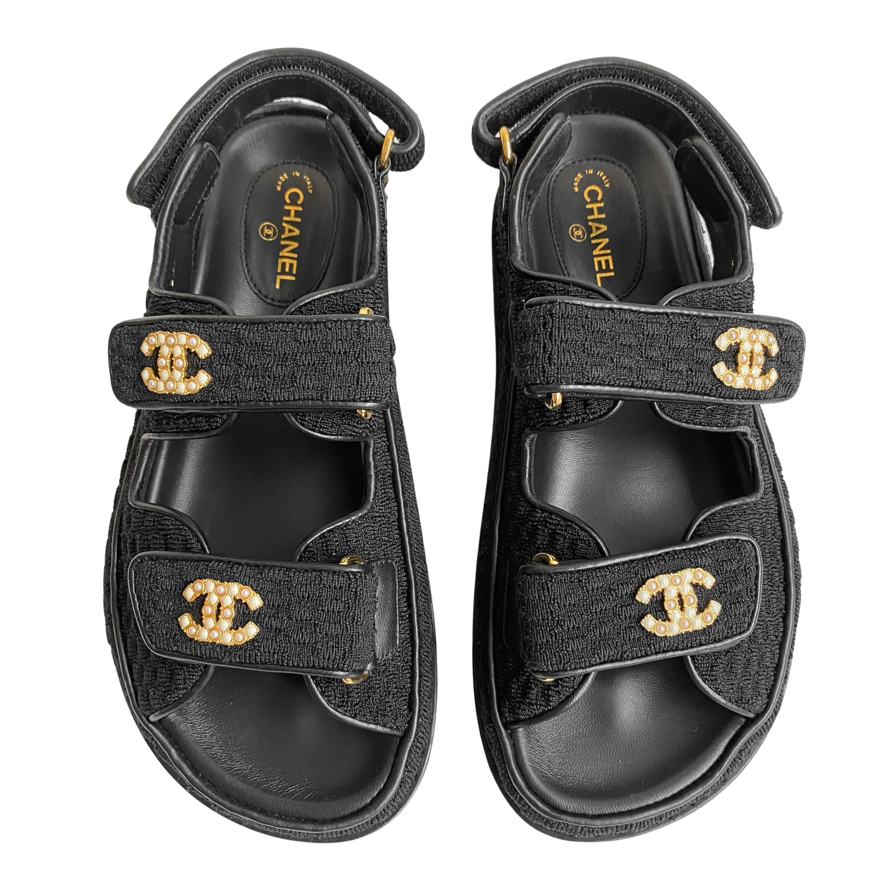 22S Black Tweed Pearl CC 'Dad' Velcro Sandals Sz 35.5
