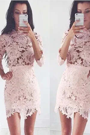 3/4 Sleeves Pink Sheath Lace Scalloped Homecoming Dress OHM075