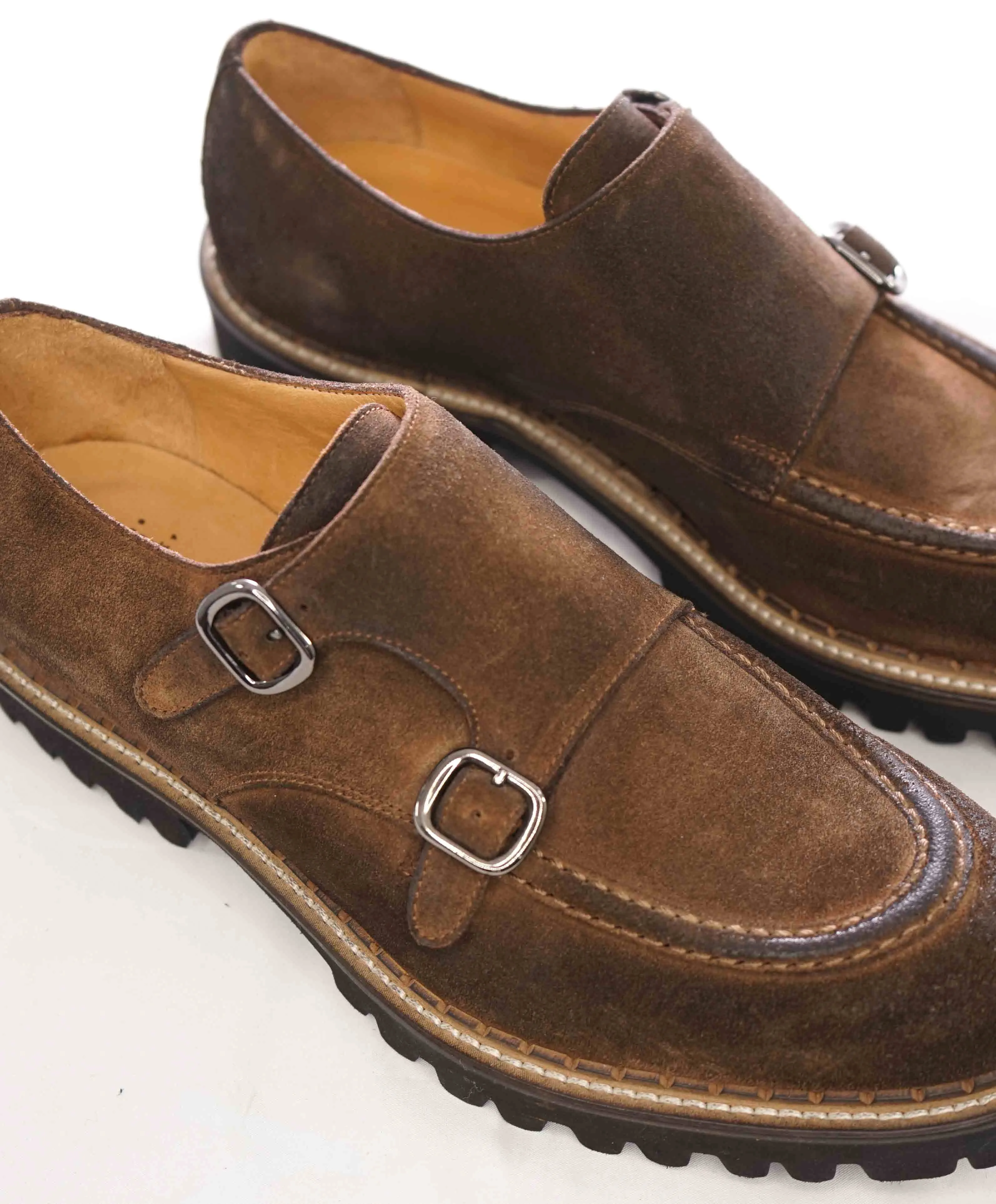 $795 ELEVENTY - Brown Monk Strap Loafers Distressed Brown Suede - 12 US (45EU)
