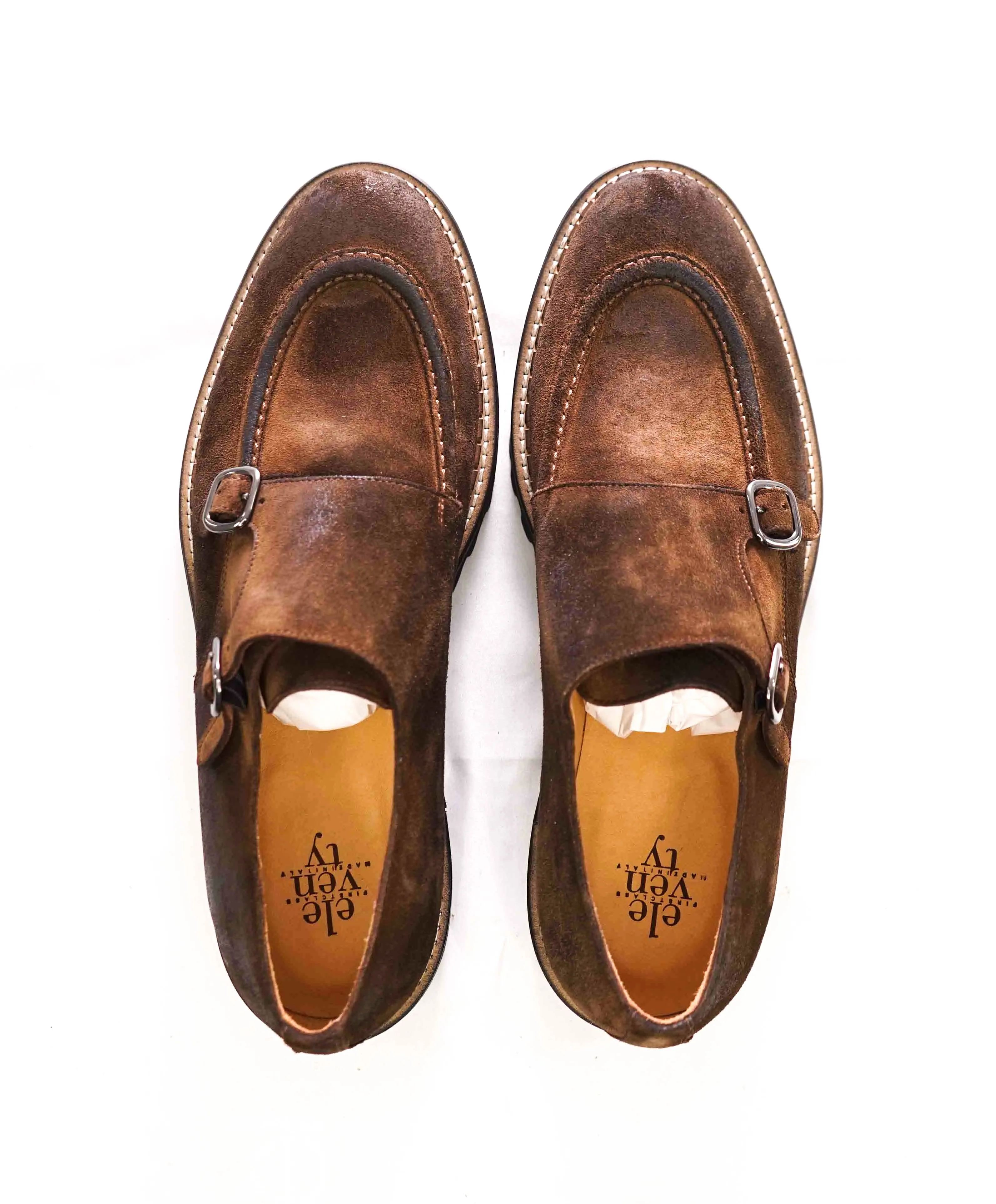 $795 ELEVENTY - Brown Monk Strap Loafers Distressed Brown Suede - 12 US (45EU)
