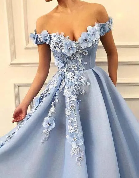 A Line Blue Off the Shoulder Tulle Lace Sweetheart 3D Flowers Prom Dresses,Formal Dress CA464