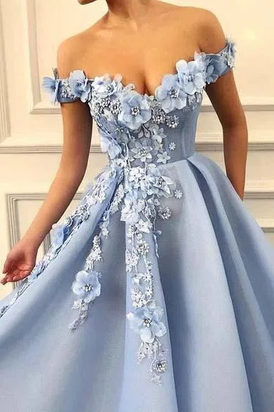 A Line Blue Off the Shoulder Tulle Lace Sweetheart 3D Flowers Prom Dresses,Formal Dress CA464