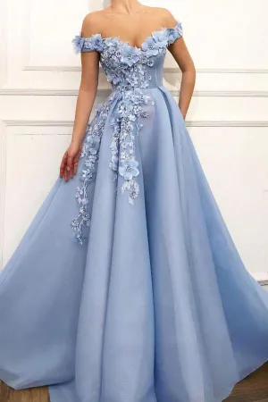 A Line Blue Off the Shoulder Tulle Lace Sweetheart 3D Flowers Prom Dresses,Formal Dress CA464
