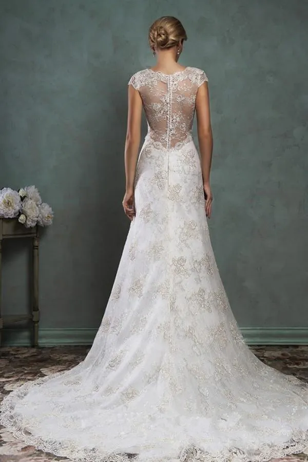 A Line Cap Sleeve Sheer Back Vintage Lace Wedding Dress TN0074