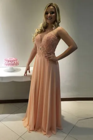 A-line Crew Neck Illusion Back Sweep Train Peach Prom Dress with Lace Beading LPD036