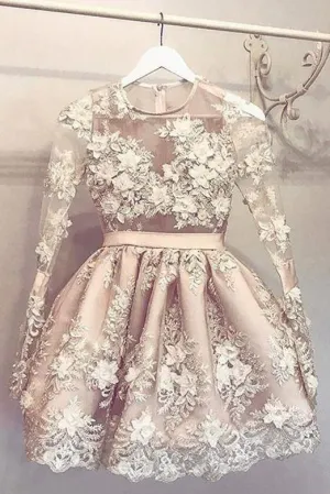 A-Line Jewel Long Sleeves Homecoming Dress with Appliques OHM066