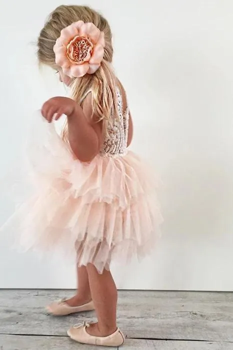 A-line Knee length Tulle Flower Girl Dress with Lace Party Dress OHR021