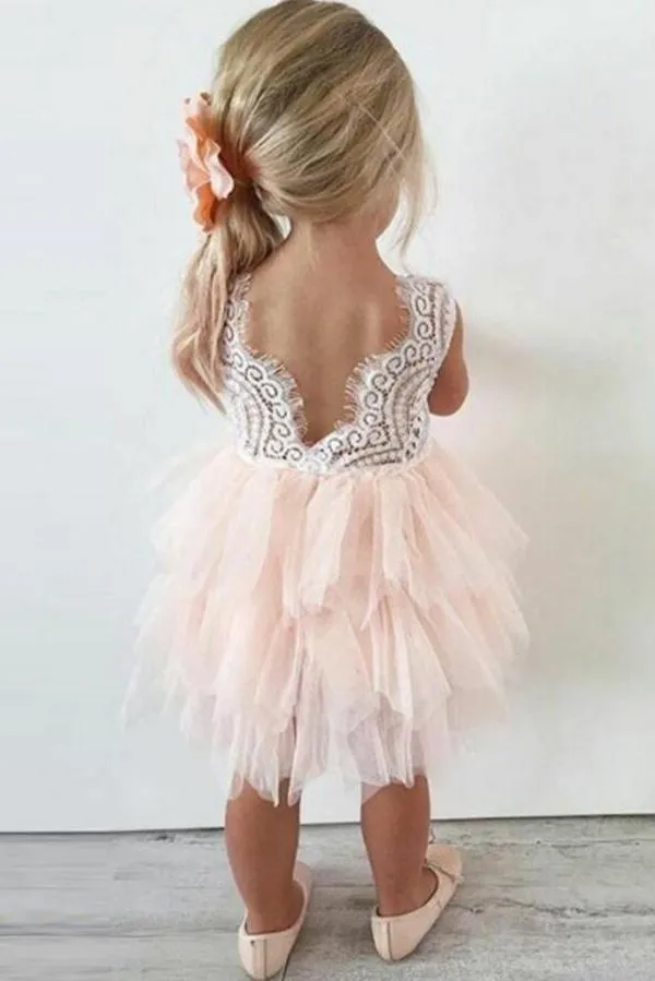 A-line Knee length Tulle Flower Girl Dress with Lace Party Dress OHR021
