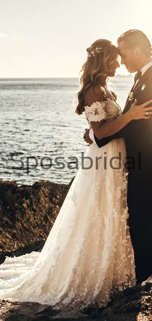 A-line Lace Off the Shoulder Beach Vintage Wedding Dresses WD0479