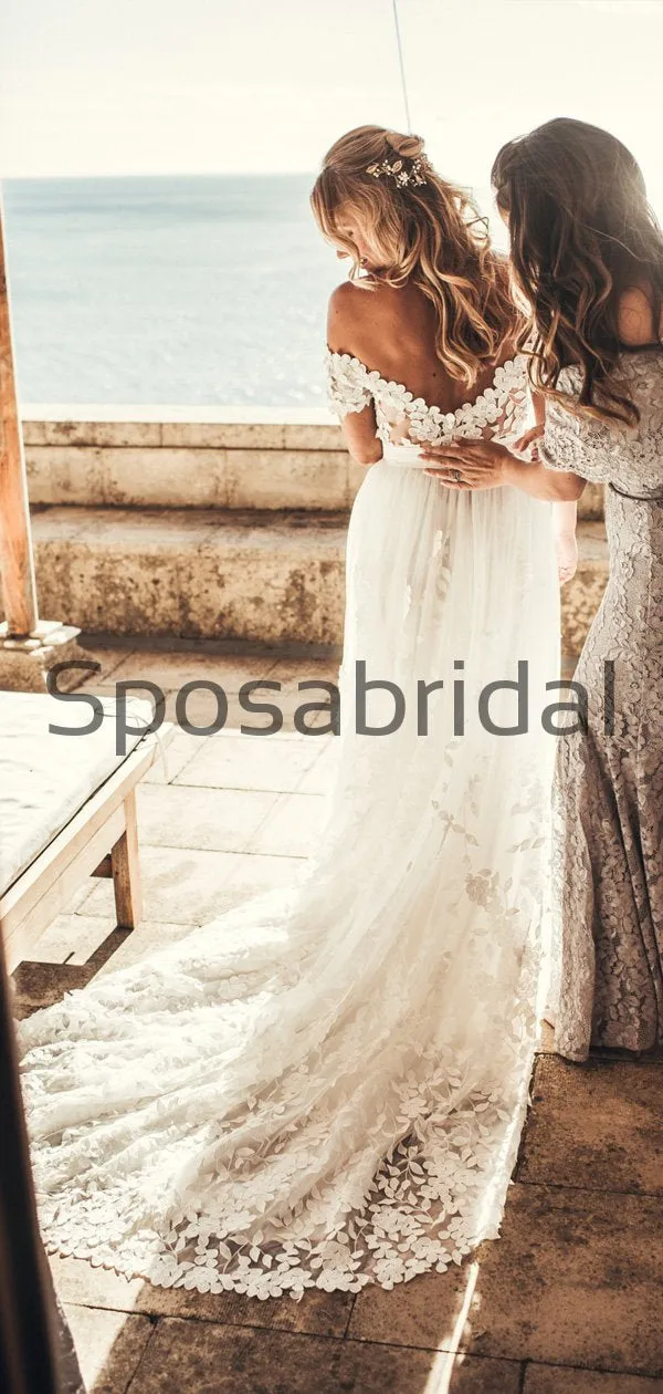 A-line Lace Off the Shoulder Beach Vintage Wedding Dresses WD0479