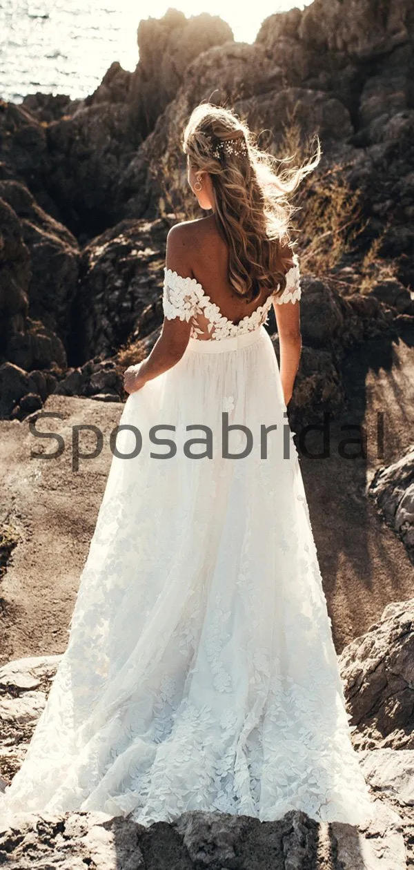 A-line Lace Off the Shoulder Beach Vintage Wedding Dresses WD0479