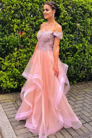 A Line Off The Shoulder Lace Strapless Short Sleeves Long Pink Tulle Prom Dress Evening Dress OHC362