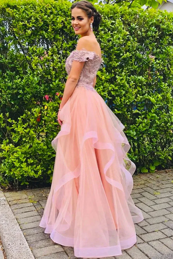 A Line Off The Shoulder Lace Strapless Short Sleeves Long Pink Tulle Prom Dress Evening Dress OHC362