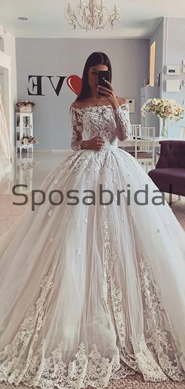 A-line Off the Shoulder Modest Lace Vintage Wedding Dresses WD0405