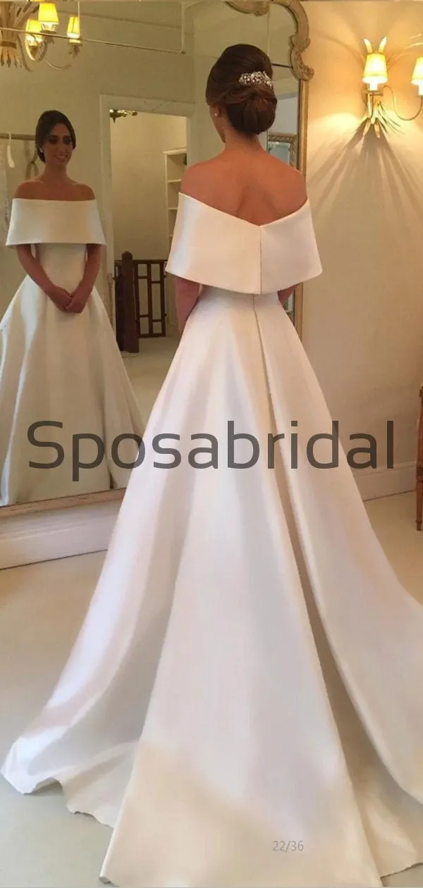 A-line Off the Shoulder Satin Vintage Beach Wedding Dresses WD0406