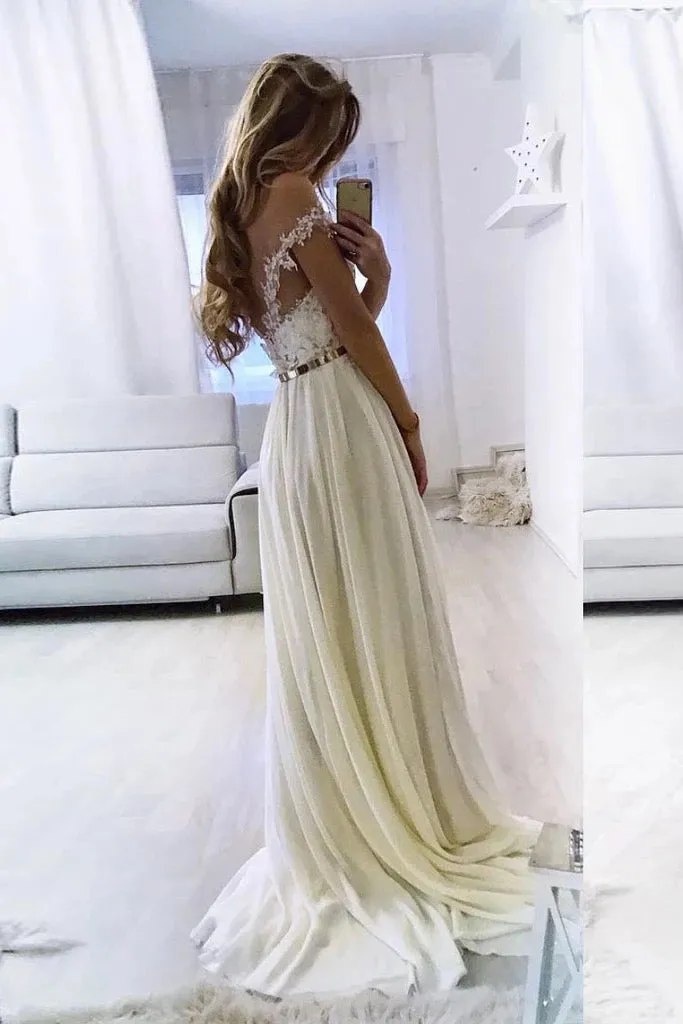 A Line Off The Shoulder Sleeveless Lace Side Slit Long White Chiffon Prom Dress Formal Dress OHC338