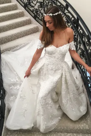 A-Line Off-the-Shoulder Sweep Train White Wedding Dress with Appliques OHD003