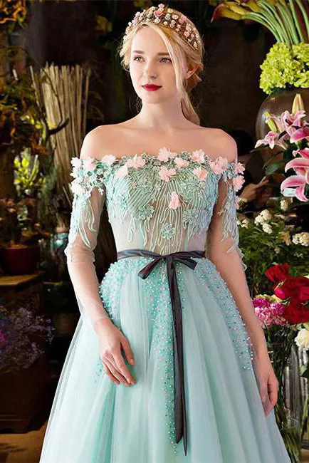 A-line Off-the-shoulder Sweep/Brush Train Long Sleeves Beading Appliques Long Tulle Prom Dress OHC139