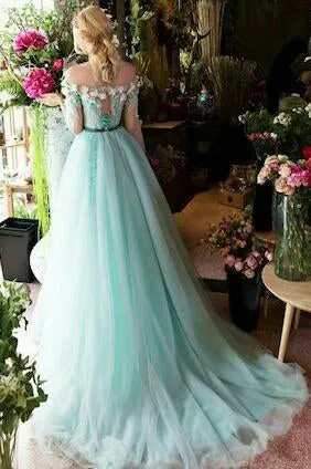 A-line Off-the-shoulder Sweep/Brush Train Long Sleeves Beading Appliques Long Tulle Prom Dress OHC139