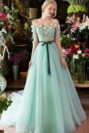 A-line Off-the-shoulder Sweep/Brush Train Long Sleeves Beading Appliques Long Tulle Prom Dress OHC139