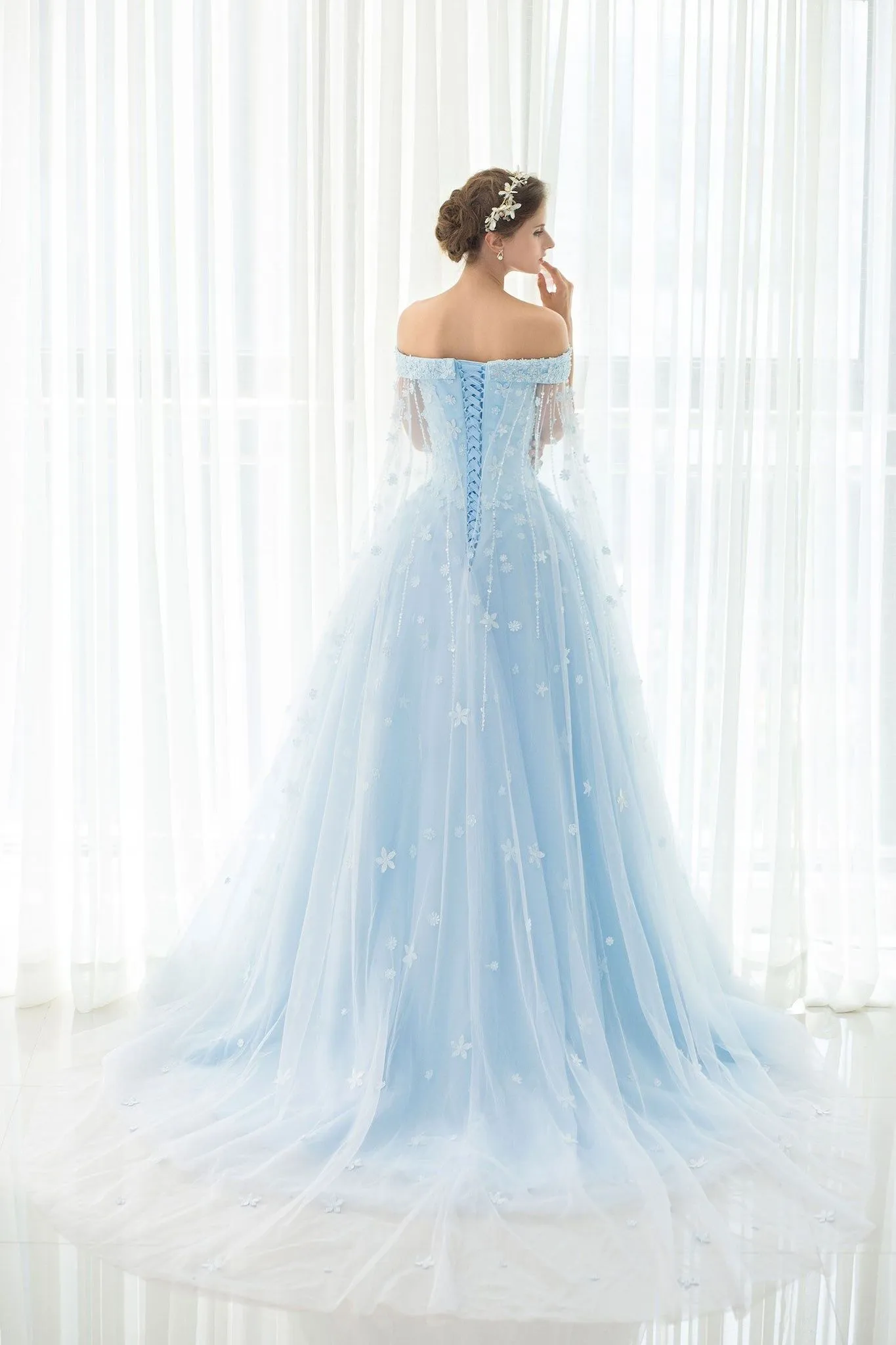A Line Off-the-shoulder Sweep/Brush Train Sleeveless Long Tulle Prom Dress/Evening Dress OHC134