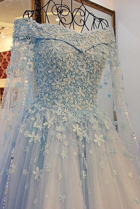 A Line Off-the-shoulder Sweep/Brush Train Sleeveless Long Tulle Prom Dress/Evening Dress OHC134