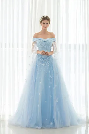 A Line Off-the-shoulder Sweep/Brush Train Sleeveless Long Tulle Prom Dress/Evening Dress OHC134