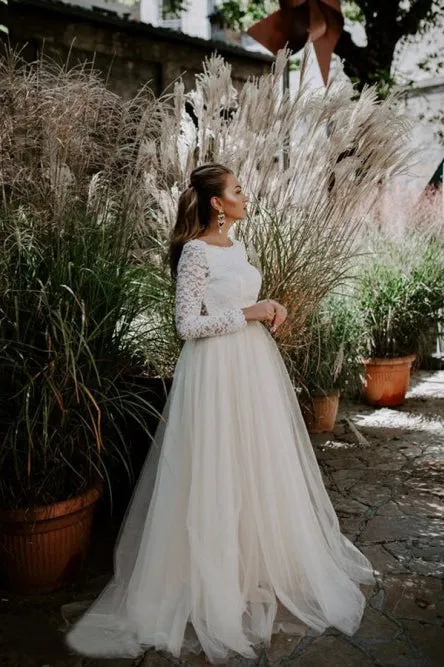 A-Line Round Neck Long Sleeves Open Back Wedding Dress with Lace OHD258