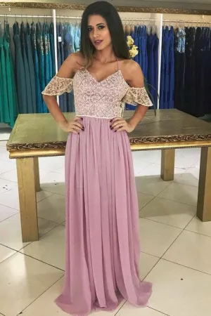 A-Line Spaghetti Straps Floor-Length Chiffon Short Sleeves Prom Dress with Lace OHC170