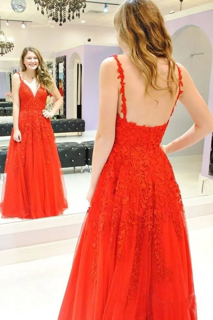 A Line Spaghetti Straps Light Blue Prom Dresses V Neck Lace Appliques Evening Dress CA526