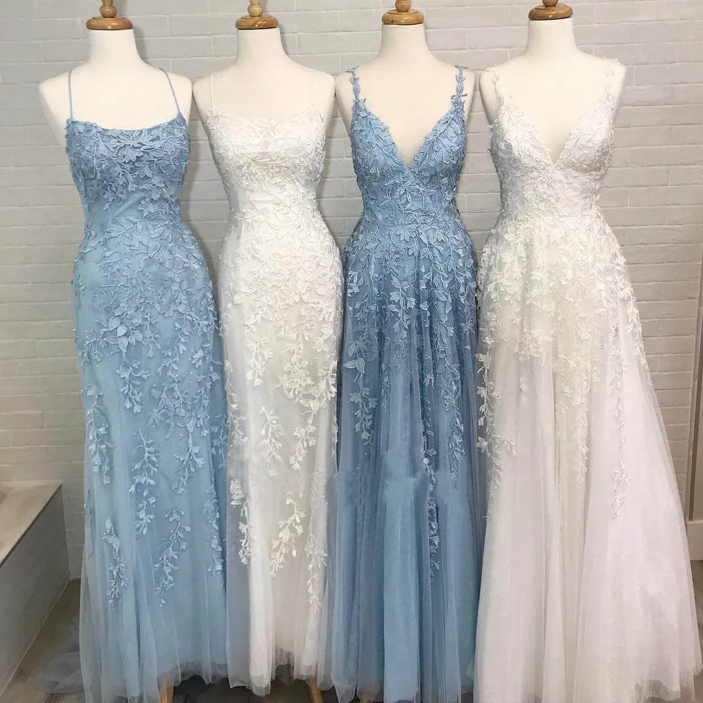 A Line Spaghetti Straps Light Blue Prom Dresses V Neck Lace Appliques Evening Dress CA526