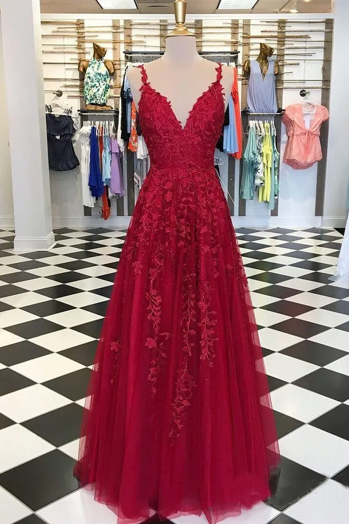 A Line Spaghetti Straps Light Blue Prom Dresses V Neck Lace Appliques Evening Dress CA526