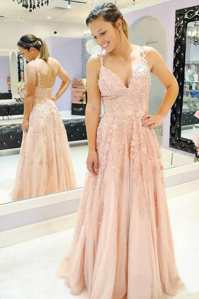 A Line Spaghetti Straps Light Blue Prom Dresses V Neck Lace Appliques Evening Dress CA526