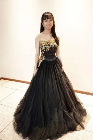 A Line Strapless Black Tulle Gold Lace Sleeveless Long Prom Dress Evening Dress OHC392