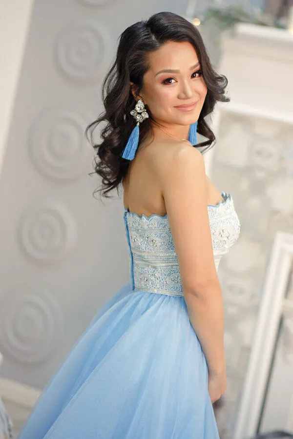A-Line Strapless Floor-Length Light Blue Prom Dress with Lace Beading D010
