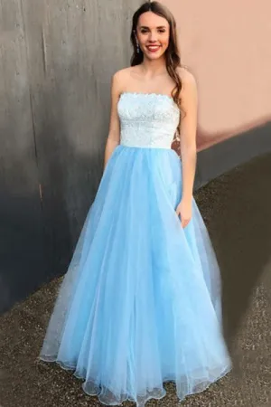 A-Line Strapless Floor-Length Light Blue Prom Dress with Lace Beading D010