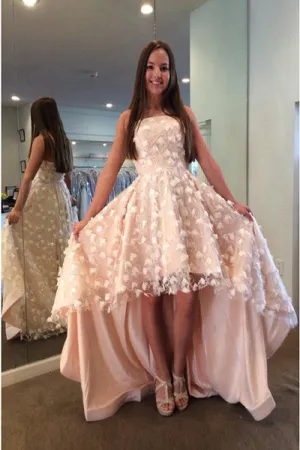A-Line Strapless Hi-Low Pearl Pink Lace Prom Dress with Flowers PD004