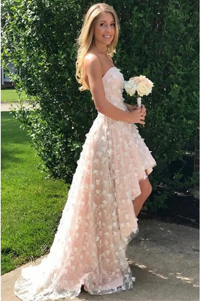 A-Line Strapless Hi-Low Pearl Pink Lace Prom Dress with Flowers PD004