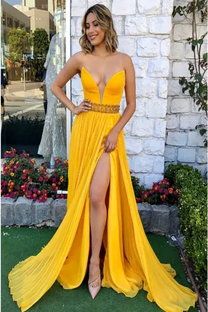 A-Line Sweetheart Sweep Train Yellow Pleated Chiffon Prom Dress with Beading Split PD009