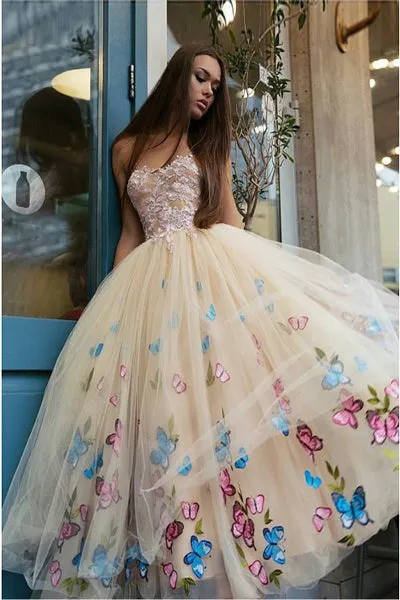 A-Line Sweetheart Tea-Length Beige Tulle Prom Dress with Appliques Pleats D006