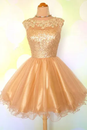 A Line Tulle Gold Bling Open Back Prom Dress,Unique Short Homecoming Dress OK339