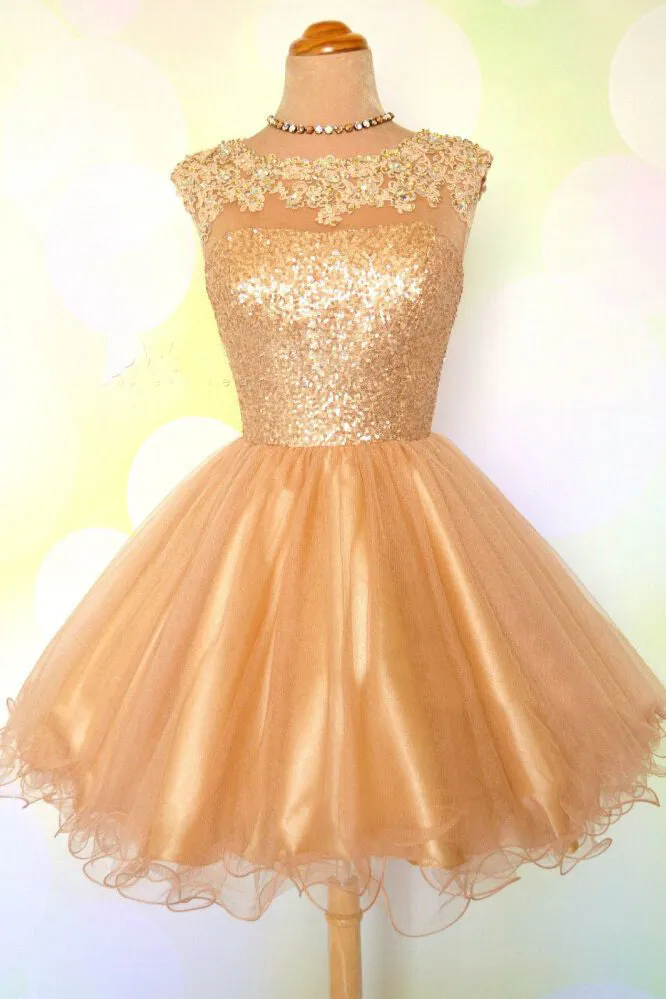 A Line Tulle Gold Bling Open Back Prom Dress,Unique Short Homecoming Dress OK339