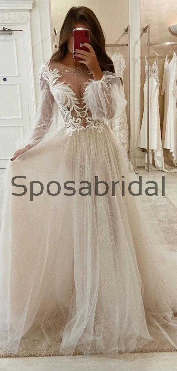 A-line Unique Long Sleeves Vintage Country Wedding Dresses, Prom Dresses WD0414