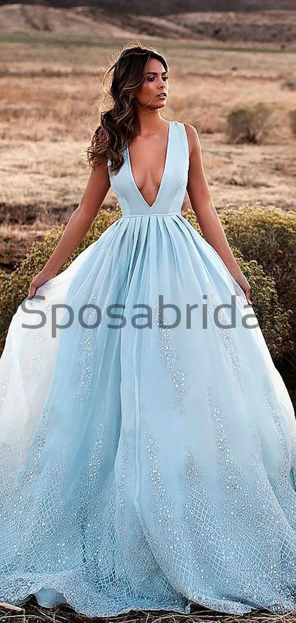 A-line V-Neck Blue LaceLong Real Made Formal Vintage Prom Dresses, Prom Dress PD1817